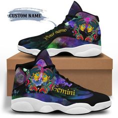 multi color gemini zodiac sign personalized men women high top sneakers, custom shoes, running shoes, astrology signs shoes Each of our Shoes is custom handmade with a premium rubber outsole for traction and exceptional durability. High Quality 3D Printing 100% Vegan leather Memory EVA insole for maximum comfort Robust and flexible rubber outsole Please allow 5-7 days production time Please Note this is not Brand Nike or Adidas Shoes,This is handmade similar sneakers made by our factory. Basket Personalized Sneakers, Birthday Shoes, Jordan 13 Shoes, November Birthday, Birthday Personalized, September Birthday, February Birthday, Personalized Shoes, July Birthday