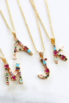 Multicolored crystal Initial Necklace. Each initial pendant is handcrafted. 16" long + 2" extender Letter Necklace Initials, Monogram Necklace Gold, Letter Charm Necklace, Necklace Name, Necklace Colorful, Necklace Initial, Jewelry Accessories Ideas, Initial Pendant Necklace, Monogram Necklace