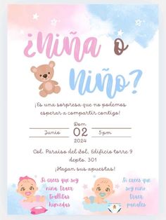 a baby shower card with a teddy bear and stars on the bottom, in spanish