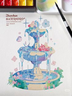 a watercolor painting of a colorful fountain