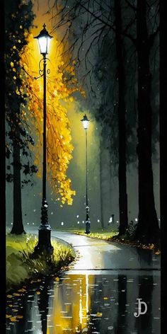 a painting of a street light in the rain at night with trees and water reflecting on the ground