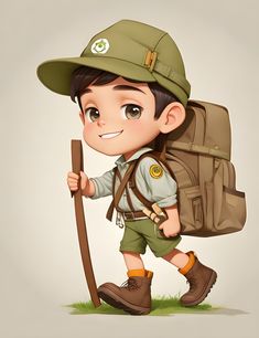 a cartoon boy with a backpack and hiking poles in his hand is smiling at the camera