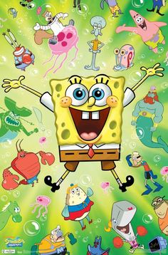 spongebob cartoon character surrounded by many other characters