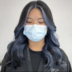 Hair Color Ideas Highlights Blue, Blue Hair Color Underneath, Hall Hair Dye, Blue Money Pieces On Black Hair, Blue Hidden Highlights, Trendy Hair Dye Ideas For Black Hair, Navy Blue Hair Ideas, Dark Purple Dyed Hair Underneath, Underline Hair Color