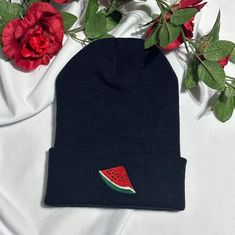 Watermelon embroidered beanie made to order This is not a patch! The stitches are embroidered directly onto the beanie. One size fits most. - Form fitting shape - 100% acrylic knit - 12" knit - Adjustable cuff, shown as 3" Trendy Knitted Acrylic Beanie, Trendy Acrylic Beanie One Size, Black Cotton Knitted Beanie, Cute Knitted Black Hat, Cute Black Knitted Hat, Cute Black Beanie (one Size), Cute Black Beanie (one Size Fits Most), Cute Black Beanie One Size, Trendy Fitted Beanie