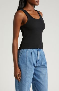 Perfect to layer or wear solo, this essential ribbed tank top is cut from a stretchy organic-cotton blend in a cropped silhouette. 20" length (size Medium) Scoop neck 95% organic cotton, 5% elastane Machine wash, line dry Imported Tank Top Outfits, Scoop Neck Tank Top, Jet Black, Crop Tank, Scoop Neck, Organic Cotton, Cotton Blend, Nordstrom, Tank Tops