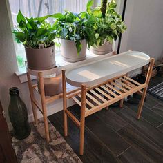 three potted plants sit on top of a wooden shelf in front of a window