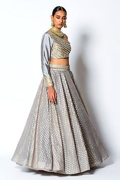 Grey lehenga in a chanderi silk base with woven floral motifs and embroidered waistband. Comes with embroidered one shoulder padded blouse. Grey Lehenga, Padded Blouse, Full Sleeves, Floral Motifs, Set For Women, Aza Fashion, Full Sleeve, Floral Motif, Shoulder Pads