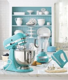 two pictures side by side one has a blue mixer and the other has white dishes