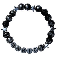 Compliment your look with this beautifully dark accessory. Stretchy letter bracelet with silver & black glass beads on black elastic. Black Friendship Bracelet, Tsitp Dr, Diy Kandi Bracelets, Diy Kandi, Lil Skies, Kandi Bracelets, Sewing Stuffed Animals, Letter Bracelet, Bracelet Ideas