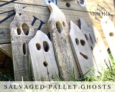 several wooden birdhouses with holes in them and the words salvage pallet ghosts written below