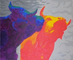 an abstract painting of a bull and a cow on a gray background with red, yellow, purple, and blue colors