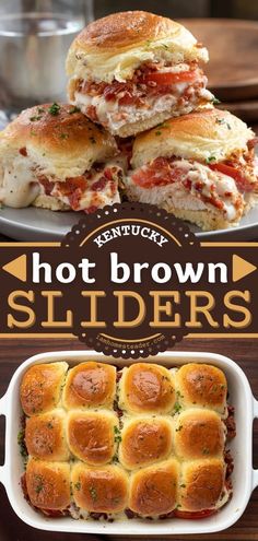 hot brown sliders in a casserole dish with text overlay that reads kentucky hot brown sliders