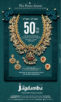 an advertisement for the jadaamba jewellery store, featuring gold necklaces and earrings