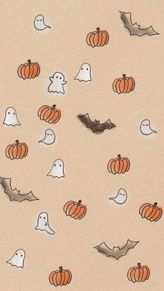 halloween wallpaper with pumpkins and ghost's in the background on a beige surface