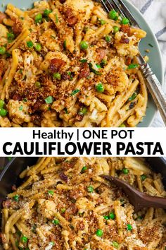 one pot cauliflower pasta with peas and parmesan cheese on the side