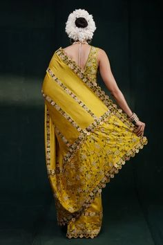 Shop for Rishi and Soujit Yellow Linear Floral Embroidered Saree With Sleeveless Blouse for Women Online at Aza Fashions Sleeveless Traditional Wear With Dupatta For Wedding, Sleeveless Traditional Wedding Wear With Dupatta, Art Silk Sharara With Zari Work, Saree With Resham Embroidery, Sleeveless Traditional Wear With Zari Work For Designer Wear, Bollywood Style Saree With Cutdana, Festive Saree With Dupatta, Anarkali Style Sleeveless Pre-draped Saree, Bollywood Style Cutdana Saree