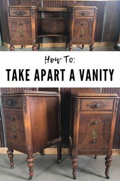 Creative Night Stands, Vanity Repurpose Ideas, Repurposing Furniture Ideas, Old Vanity Ideas Repurposed, Upcycled Nightstand Ideas, Vanity Into Nightstands, Upcycle Nightstand Diy, Night Stand Makeover Diy, Old Vanity Makeover