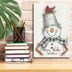 a painting of a snowman with a red bird on it's head and the words warm winter wishes