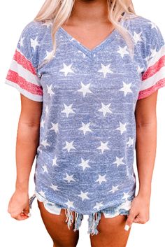 Blue Striped Sleeve Stars Print V Neck Tee Patriotic Star Print Short Sleeve Tops, Casual Blue Tops With American Flag Print, Patriotic Short Sleeve Top With Star Print, Blue Cotton Star Print Tops, Blue Star Print Tops For Summer, Blue Star Print Summer Tops, Casual Blue Tops With Flag Print, Summer V-neck Tops With American Flag Print, American Flag Print V-neck Tops For Summer