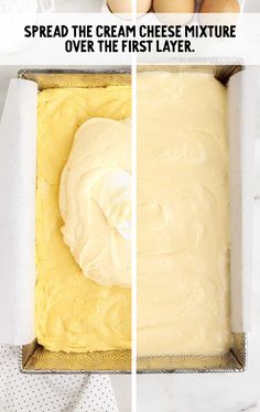 two pictures showing how to spread the cream cheese mixture over the first layer