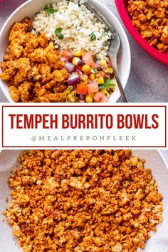 two bowls filled with tempeh burrito bowls next to each other on top of a table