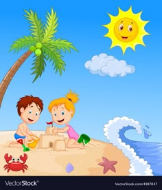 two kids playing in the sand at the beach with a starfish and palm tree