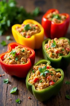 Colorful bell peppers stuffed with couscous and garnished with herbs.