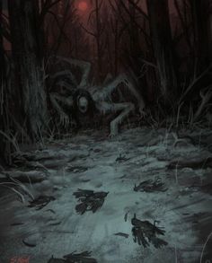 an image of a creepy scene in the woods at night with blood on the ground