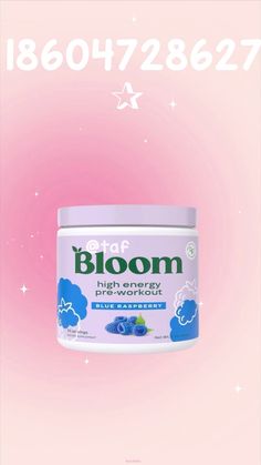 a jar of blueberries on top of a pink background with the words bloom above it