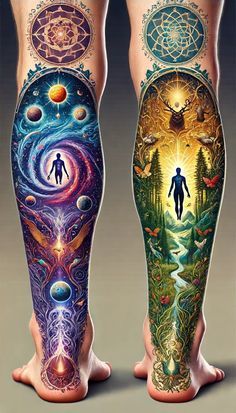 two legs with different colored tattoos on them and one has an image of a person standing in