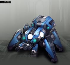 a blue and gray robot with green eyes sitting on the ground in front of a grey background