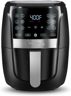 the jumbo air fryer is black and has buttons on each side that indicate time