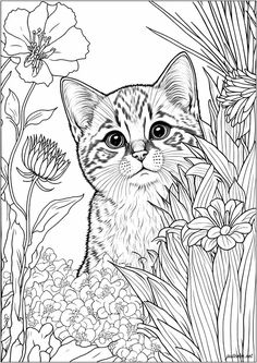 a coloring book page with a cat in the grass and flowers on it's side