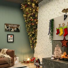 a living room decorated for christmas with stockings on the fireplace and stockings hanging from the wall