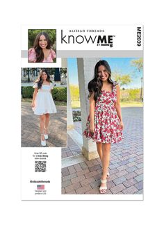 a woman in a dress and sandals standing next to a column with the words know me on it