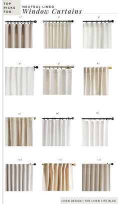 the different types of curtains for windows and doors with names on each side, including one in