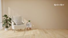 an empty room with a white chair and potted plant on the side table next to it