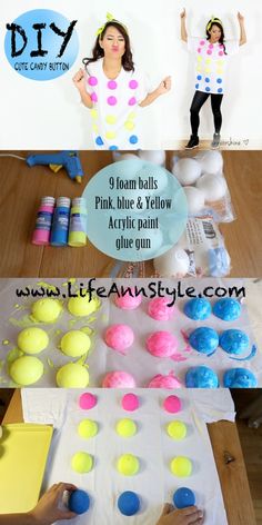 the instructions for how to make pink, blue and yellow polka dot balls with glue