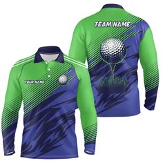 a green and blue shirt with the name team name on it, featuring a golf ball