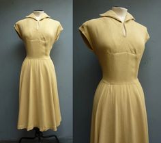 two pictures of a yellow dress on a mannequin stand, one in the process of being modeled