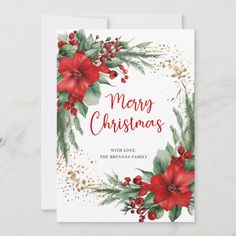 christmas card with poinsettis and holly