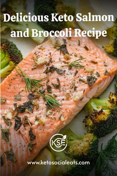 Keto salmon fillet topped with herbs served alongside roasted broccoli.