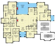 the floor plan for a home with two garages and three living areas, including an office