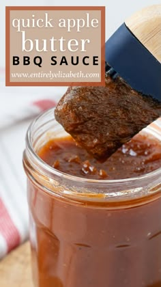 a spoon full of bbq sauce with the words quick apple butter above it and below