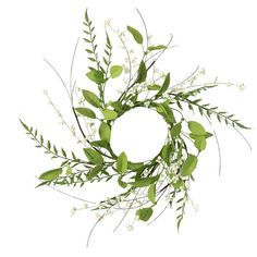 a wreath with white flowers and green leaves