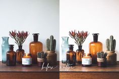 various vases with plants and candles on a wooden shelf next to each other in front of a white wall