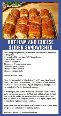 the recipe for hot ham and cheese slider sandwiches is shown in this advert