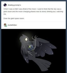 a twitter post with an image of a bird flying in the sky and caption that reads, drawing prompts when i was a child i was afraid at the moon