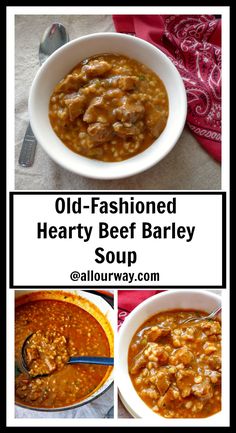 old - fashioned hearty beef barley soup in a white bowl with spoon and red cloth